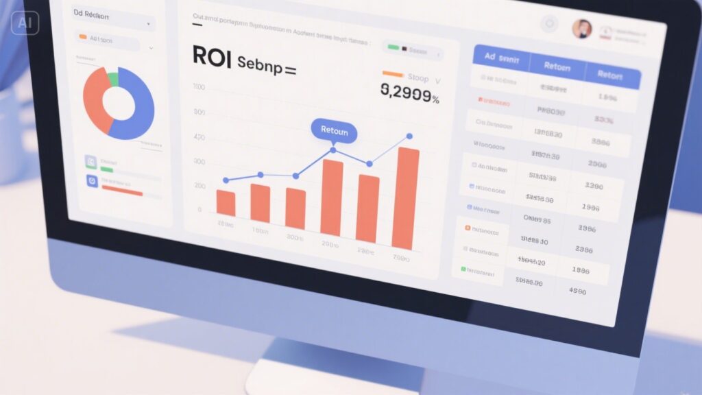 A computer monitor displays a dashboard with a bar and line graph labeled ROI, financial figures, a pie chart, and a table of data—demonstrating how to calculate ROI and highlighting a Return data point in blue.