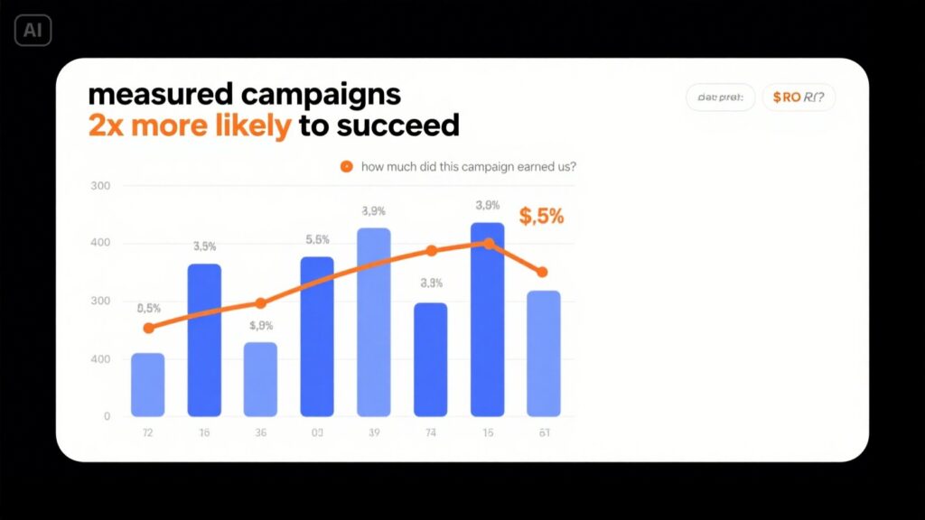 A bar chart showing campaign results with an orange trend line labeled 5.5%. Text reads: “measured campaigns 2x more likely to succeed.” Bars and percentages highlight positive ROI trends, then a slight dip—showing how to calculate ROI effectively.