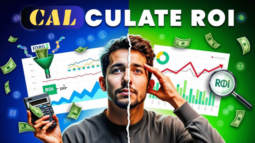 A split image of a man holding a calculator on one side and touching his temple on the other, surrounded by charts, graphs, dollar bills, and the bold words How to Calculate ROI above him.