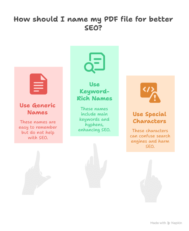 Infographic titled How should I name my PDF file for better SEO? demonstrates using PDF to boost SEO rankings with three columns: Use Generic Names, Use Keyword-Rich Names, and Use Special Characters, each featuring brief tips and hand icons pointing up.