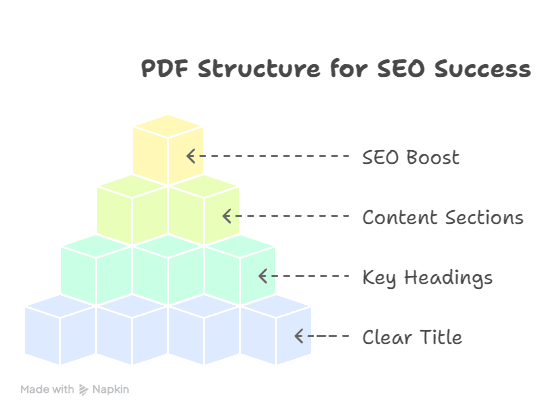 A pyramid of pastel cubes labeled with steps for PDF SEO success: Clear Title at the base, Key Headings above, Content Sections next, and Using PDF to Boost SEO Rankings at the top.