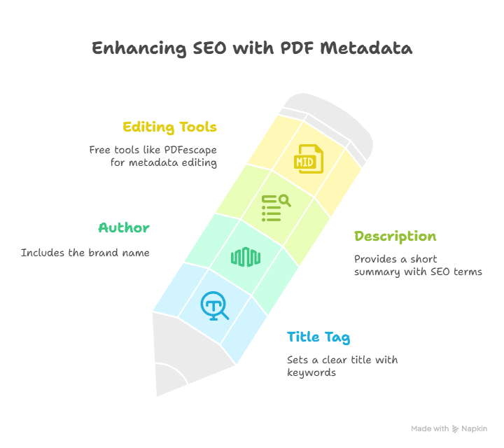 A graphic titled Enhancing SEO with PDF Metadata shows a pencil divided into sections labeled Editing Tools, Author, Description, and Title Tag—each with icons and notes on Using PDF to Boost SEO Rankings.