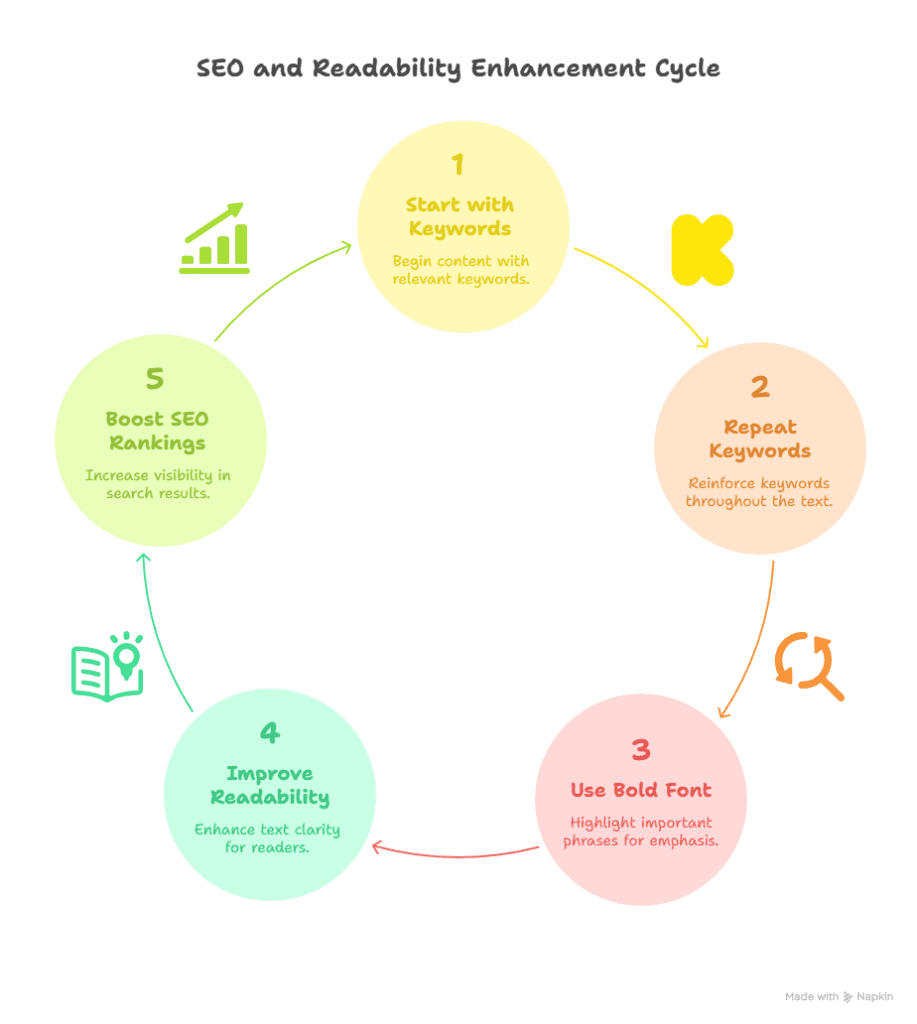 A circular infographic titled SEO and Readability Enhancement Cycle, showing five steps: 1) Start with Keywords, 2) Repeat Keywords, 3) Use Bold Font, 4) Improve Readability, and 5) Using PDF to Boost SEO Rankings, each with its own icon.