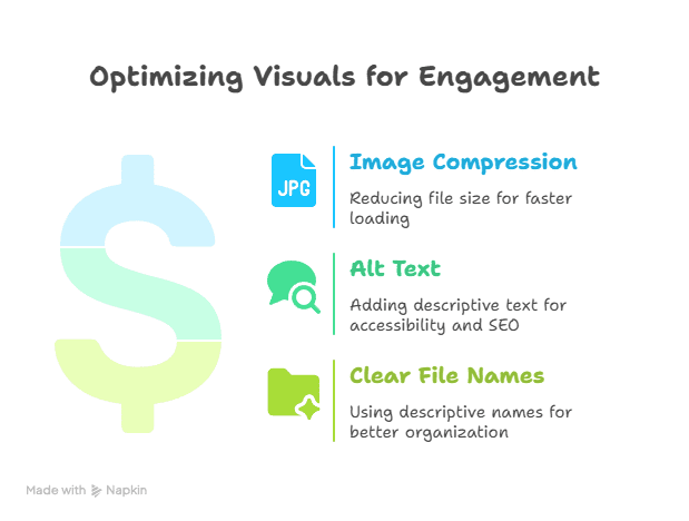 An infographic titled Optimizing Visuals for Engagement with three tips: Image Compression, Alt Text, and Clear File Names—plus a note on using PDF to boost SEO rankings—all shown beside a large money symbol in pastel colors.