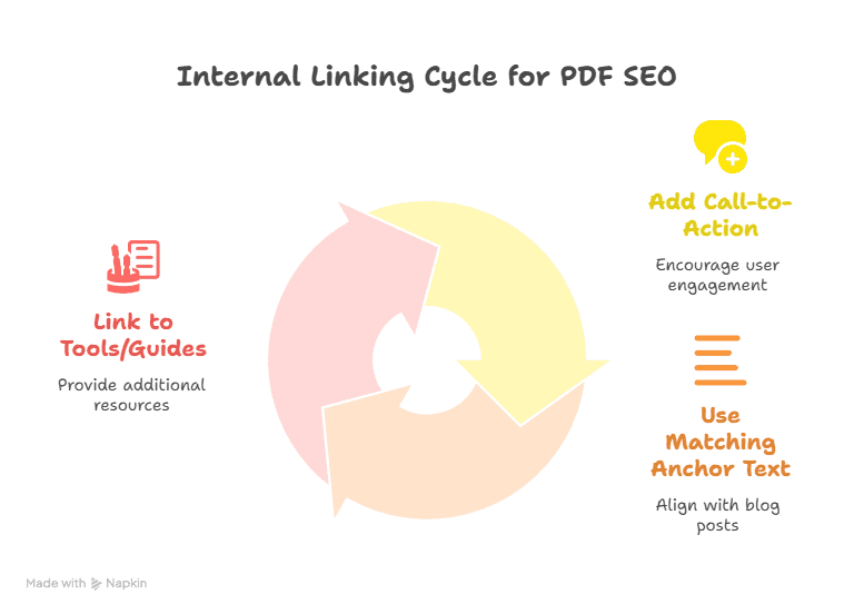 A circular diagram labeled Internal Linking Cycle for PDF SEO, showing three steps—Link to Tools/Guides, Add Call-to-Action, and Use Matching Anchor Text—with icons and descriptions for using PDF to boost SEO rankings.