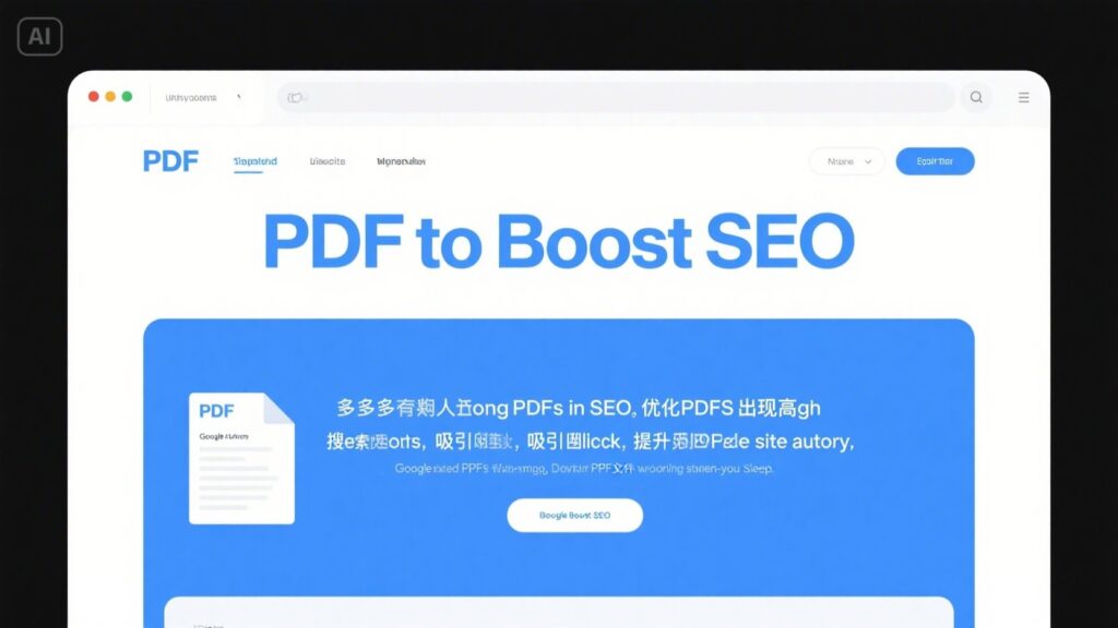 A webpage titled PDF to Boost SEO is displayed, featuring a blue and white design with a large PDF icon on the left and text in English and Chinese describing the SEO benefits of using PDF to boost SEO rankings.