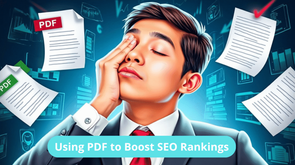 A man in a suit looks stressed while surrounded by floating PDF documents and digital screens. Text at the bottom reads: Using PDF to Boost SEO Rankings for your website.