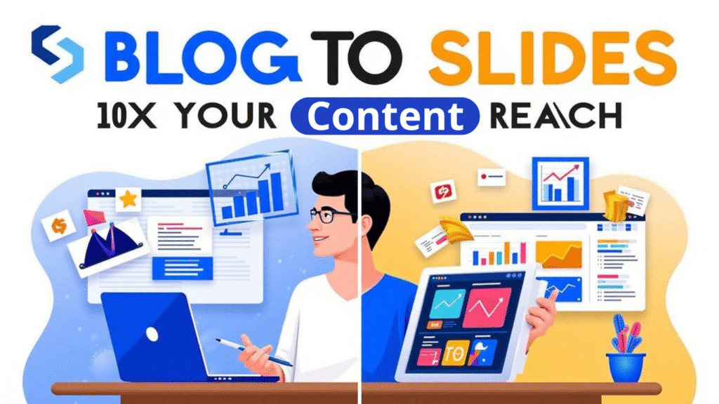 Split image showing Blog to Slides: 10x Your Content Reach. Left side has a person working on a laptop with blog stats; right side highlights transforming a Blog Post to SlideShare Presentations on tablet and monitor screens.