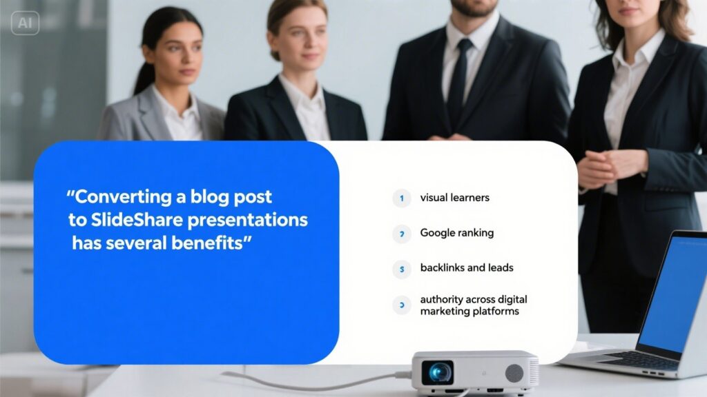 Four business professionals stand together in an office, with a screen displaying a quote about turning a Blog Post to SlideShare Presentations and a list including visual learners, Google ranking, backlinks, and digital authority.
