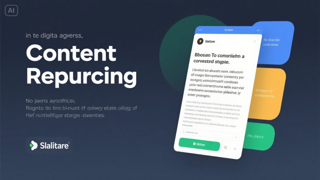 A digital graphic promoting Content Repurcing features a mobile chat interface, colored blocks with icons, the Slalitare logo, and placeholder text. Showcased is the ability to transform a Blog Post to SlideShare Presentations seamlessly.