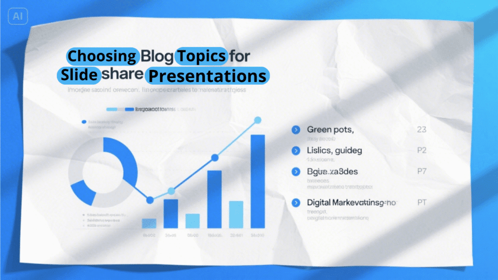 A crumpled white paper with a blue bar and line graph, a pie chart, and a blog topic list. The header reads “Choosing Blog Topics for Blog Post to SlideShare Presentations” on a blue background.