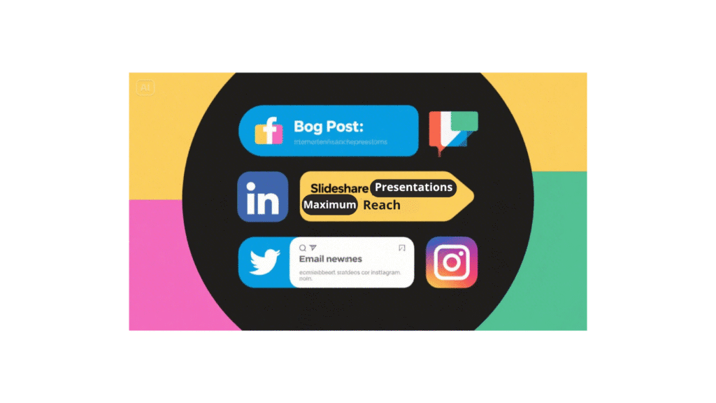 A colorful graphic displays icons and text for Facebook, LinkedIn, Twitter, Instagram, and Slideshare, illustrating how a Blog Post to SlideShare Presentations approach can boost engagement across social media platforms for blog posts and email announcements.