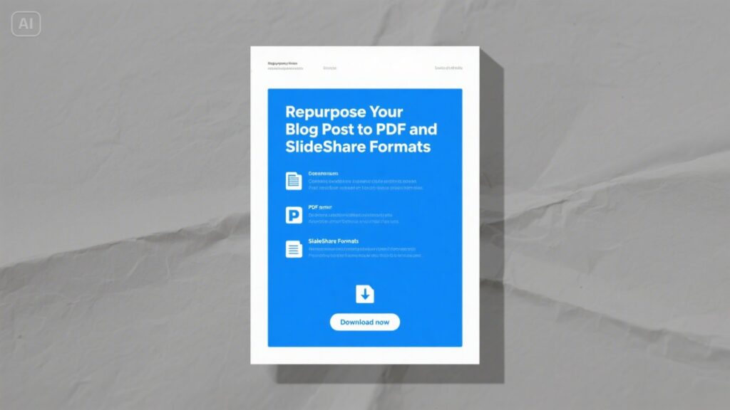 A white page with a blue section titled Repurpose Your Blog Post to PDF and SlideShare Formats, showing icons for text, PDF, and Blog Post to SlideShare Presentations, plus a Download now button at the bottom on a gray textured background.