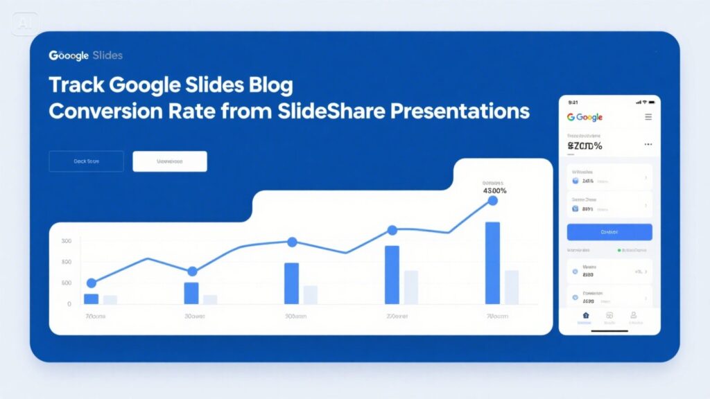 A blue and white graphic shows a line and bar graph tracking Blog Post to SlideShare Presentations conversion rates, with increasing values and a mobile screen displaying Google analytics data on the right.
