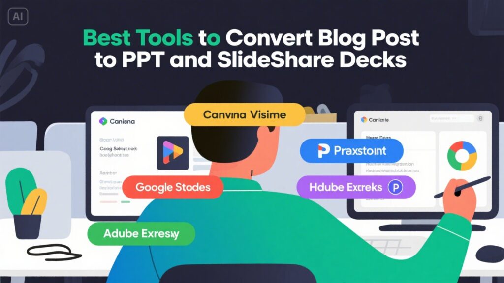 Illustration of a person at a desk using a computer, surrounded by colorful labels featuring tools for converting blog posts to SlideShare presentations, including Canva, Visme, Google Slides, and more.