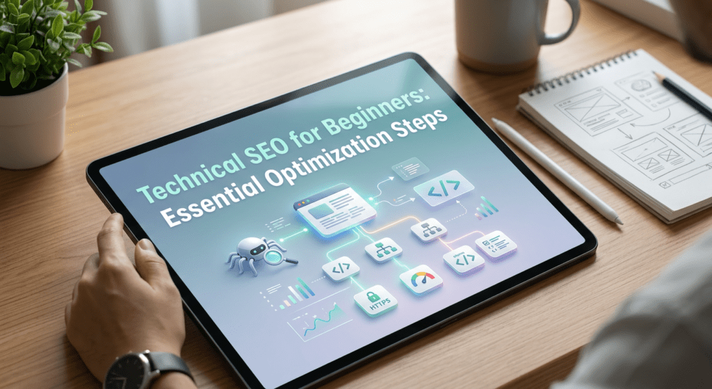 Tablet displaying a visual workflow for Technical SEO for Beginners with site structure, code, performance, and optimization elements