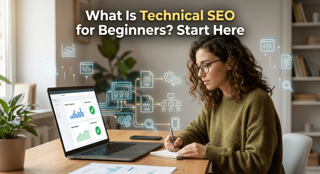 Woman learning Technical SEO for Beginners at a desk with laptop analytics, notes, and website optimization icons around her