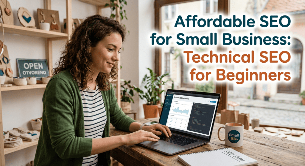 Small business owner working on website analytics and code at a laptop in a cozy shop workspace