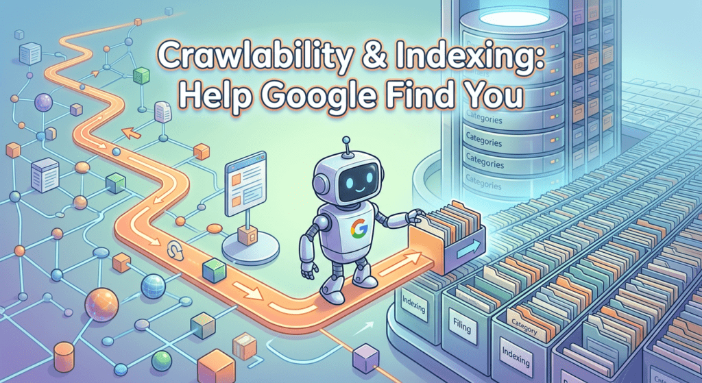 Illustrated crawl and indexing workflow designed to explain Technical SEO for Beginners with website paths, files, and search engine discovery concepts