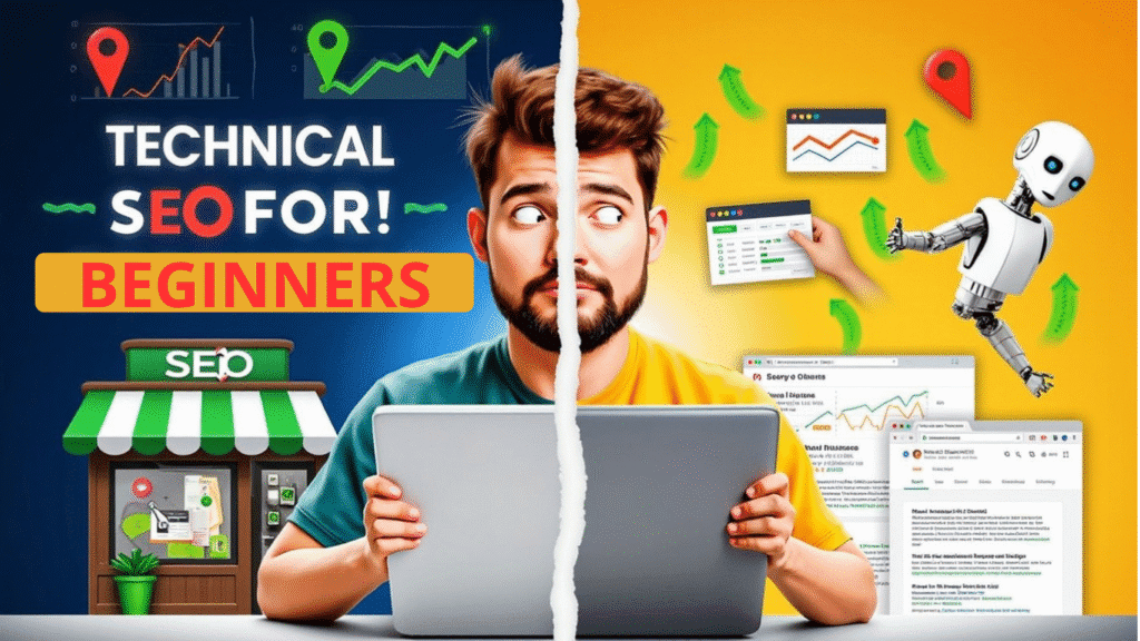 Split image showing a confused man with a laptop; left side depicts a shop with SEO icons, right side shows charts, money, a robot, and websites. Text reads: Technical SEO for Beginners—your first step to mastering website optimization.