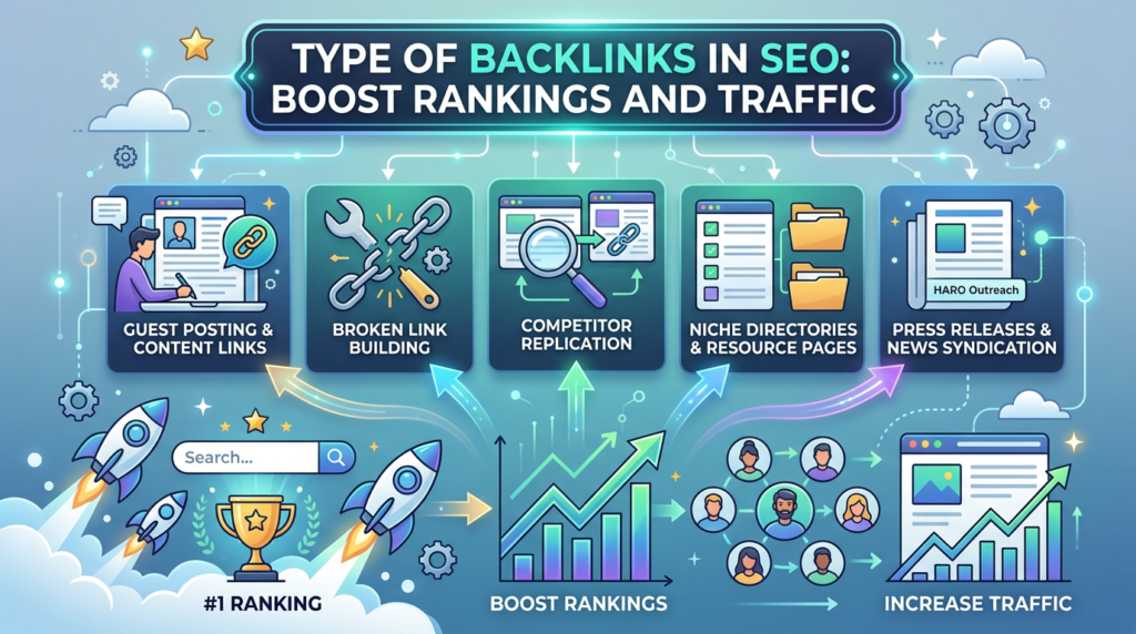 Illustrated SEO infographic showing different link‑building methods and how each Type of Backlinks in SEO helps boost search rankings, authority, and website traffic with rising graphs, rockets, and trophy icons.