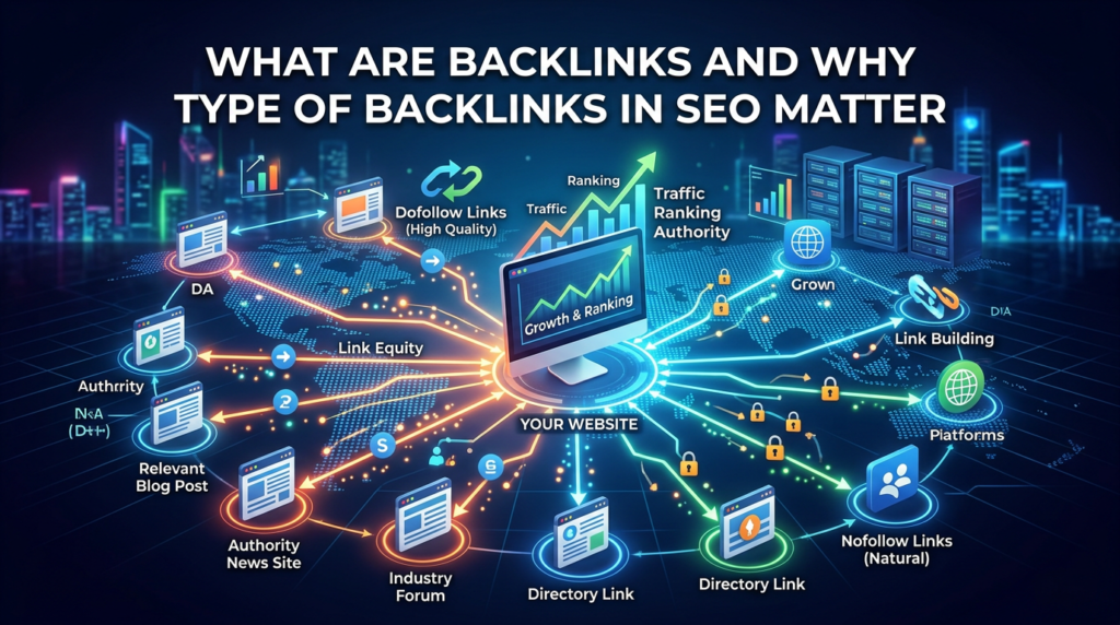 Colorful digital diagram showing a central website receiving arrows and icons from multiple sources to illustrate how each Type of Backlinks in SEO contributes to growth, authority, and higher search rankings.