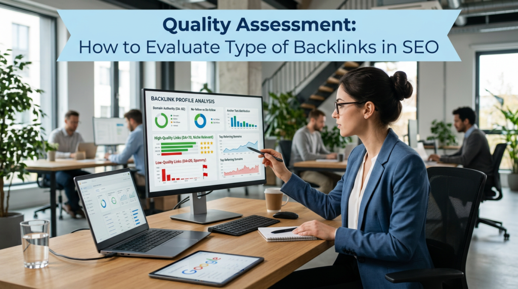 Woman in a modern office analyzing backlink analytics on dual screens, reviewing domain authority and link metrics to evaluate each Type of Backlinks in SEO for a website’s ranking strategy.