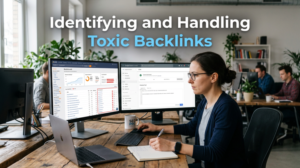Woman in a shared office workspace reviewing backlink audit data on dual monitors, taking notes while managing harmful links for an SEO campaign.