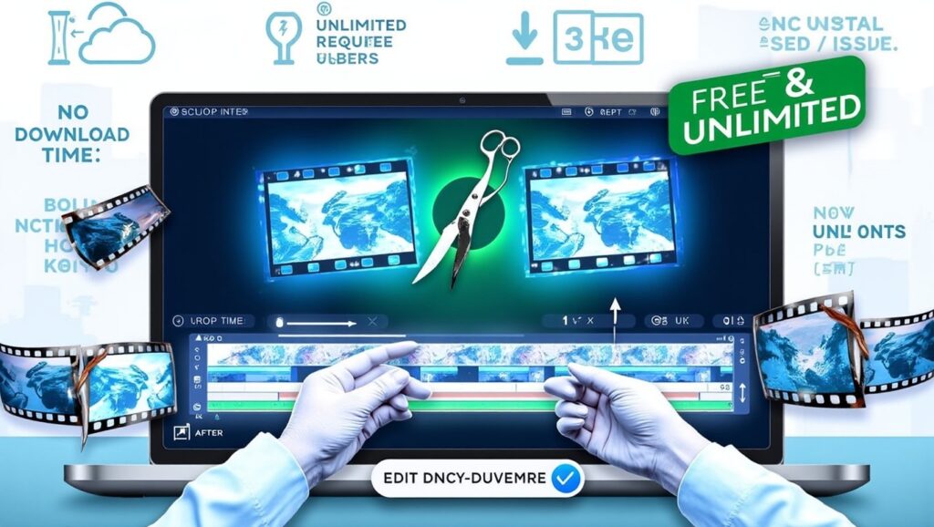 A gloved person uses a Crop and Trim Video Editor on a laptop, cutting and arranging film clips. Icons highlight features like free & unlimited access, no download time, and unlimited requests. Film strips and scissors are displayed.