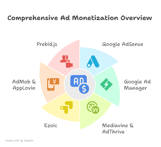 A circular infographic titled Comprehensive Ad Monetization Overview answers What is Ad Monetization by showing six segments: Prebid.js, Google AdSense, Google Ad Manager, Mediavine & AdThrive, Ezoic, and AdMob & AppLovin—each with illustrative icons.