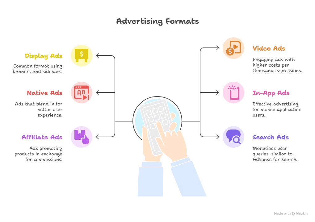 Infographic answering What is Ad Monetization by showing six advertising formats—Display Ads, Native Ads, Affiliate Ads, Video Ads, In-App Ads, and Search Ads—each with an icon and brief description connected around hands holding a smartphone.