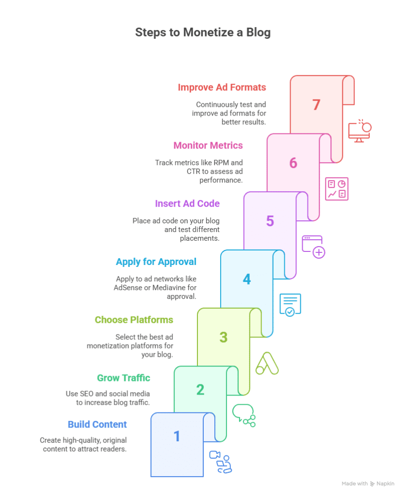Infographic titled “Steps to Monetize a Blog” with seven color-coded steps on ascending blocks, illustrating What is Ad Monetization: Build Content, Grow Traffic, Choose Platforms, Apply for Approval, Insert Ad Code, Monitor Metrics, and Improve Ad Formats.