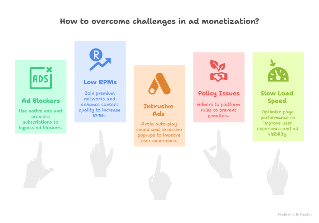 An infographic titled How to overcome challenges in ad monetization? lists five challenges—Ad Blockers, Low RPMs, Intrusive Ads, Policy Issues, and Slow Load Speed—each with an icon and a solution below, answering What is Ad Monetization in action.