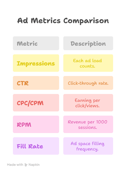 A chart titled Ad Metrics Comparison lists five ad metrics—Impressions, CTR, CPC/CPM, RPM, and Fill Rate—each with a short description in pastel-colored boxes, helping you understand what is ad monetization through key performance indicators.
