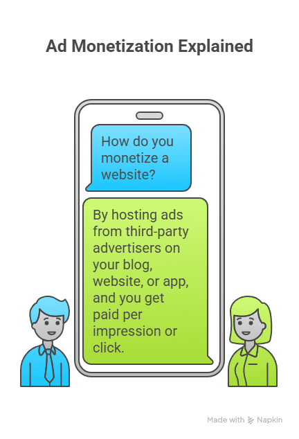 Two illustrated people stand beside a large smartphone screen displaying a chat about website monetization, answering What is Ad Monetization and explaining that hosting third-party ads earns money per impression or click.