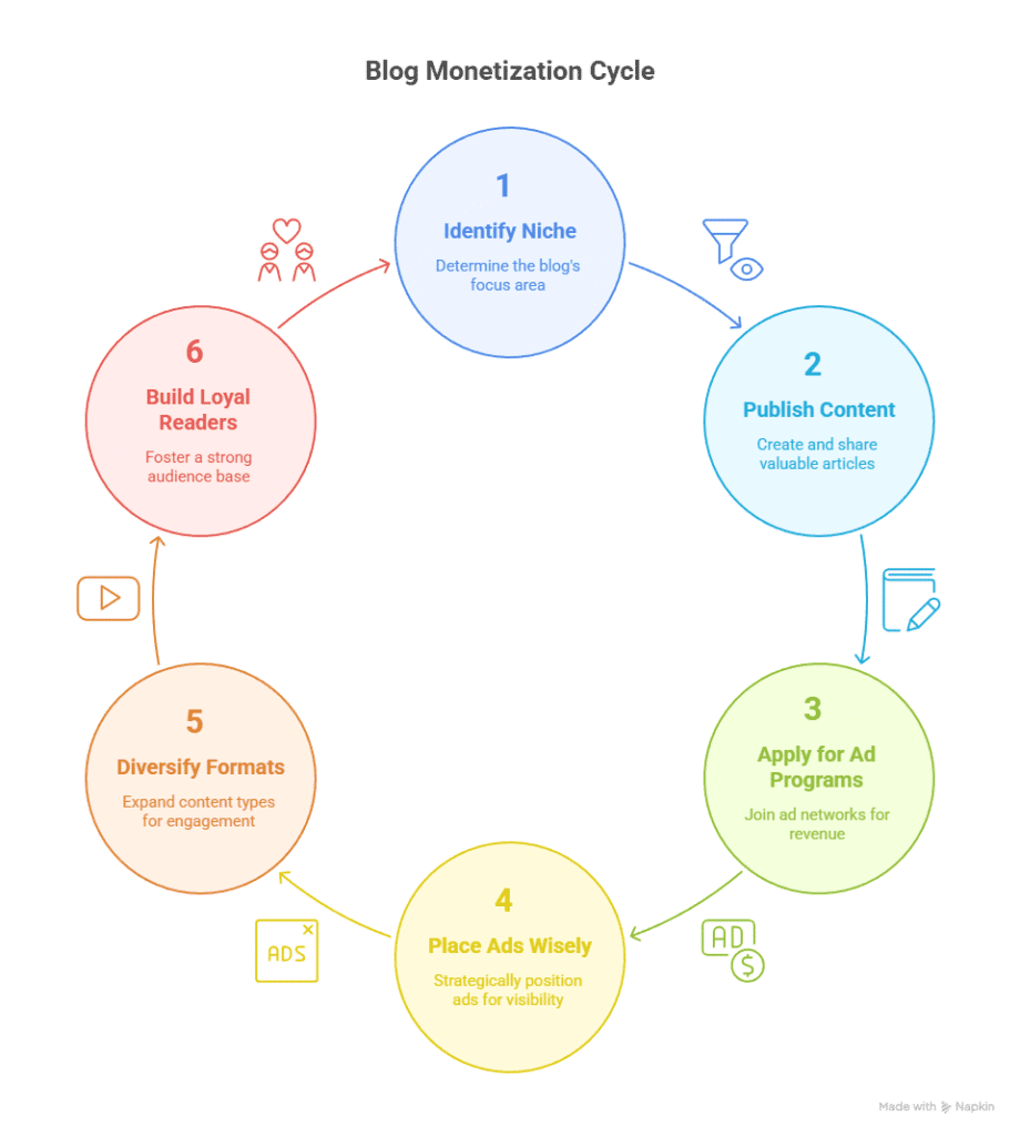 A circular infographic titled Blog Monetization Cycle answers What is Ad Monetization by illustrating six steps: 1. Identify Niche, 2. Publish Content, 3. Apply for Ad Programs, 4. Place Ads Wisely, 5. Diversify Formats, 6. Build Loyal Readers.