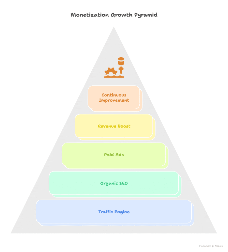 A five-layer pyramid diagram titled Monetization Growth Pyramid, answering What is Ad Monetization, with labeled layers from bottom to top: Traffic Engine, Organic SEO, Paid Ads, Revenue Boost, and Continuous Improvement.
