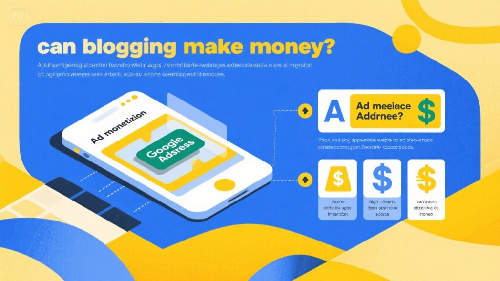 A colorful graphic showing a smartphone with Google AdSense on screen, labeled What is Ad Monetization. It explains how blogs can earn money through ads, with icons for advice, success rate, and potential earnings.