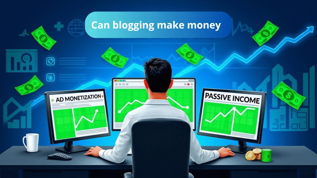 A person sits at a desk with three monitors displaying graphs labeled “What is Ad Monetization” and “Passive Income.” Floating dollar bills and upward trends illustrate blogging’s potential for making money.