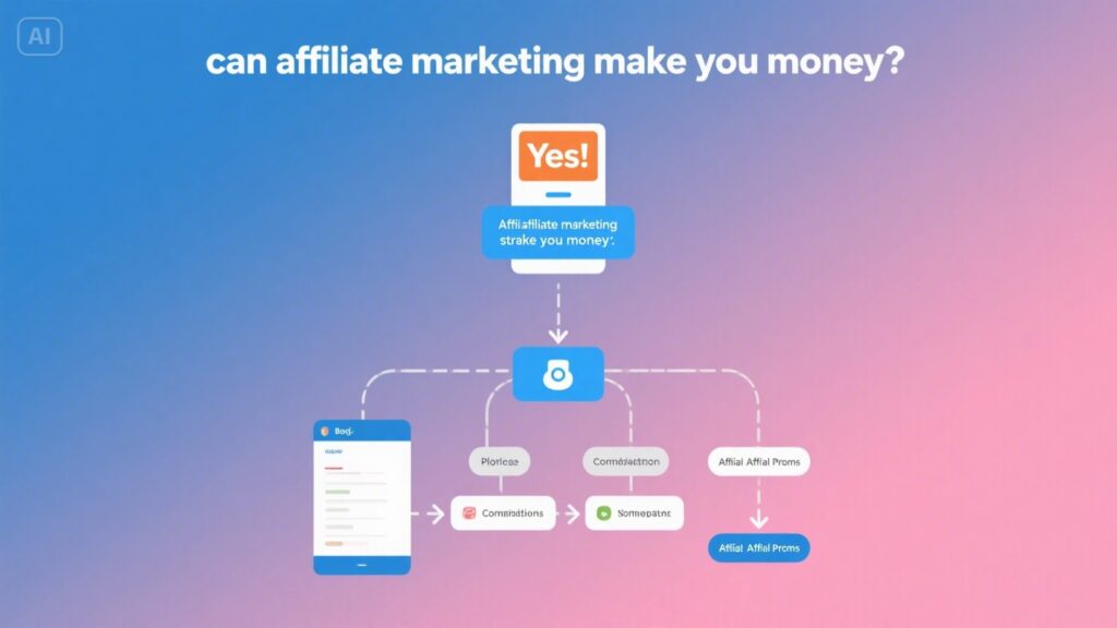 A flowchart on a blue-pink gradient background asks, can affiliate marketing make you money? The answer Yes! leads to a branching diagram highlighting proven methods such as setting priorities, analyzing competitors, and choosing the right marketing strategy.
