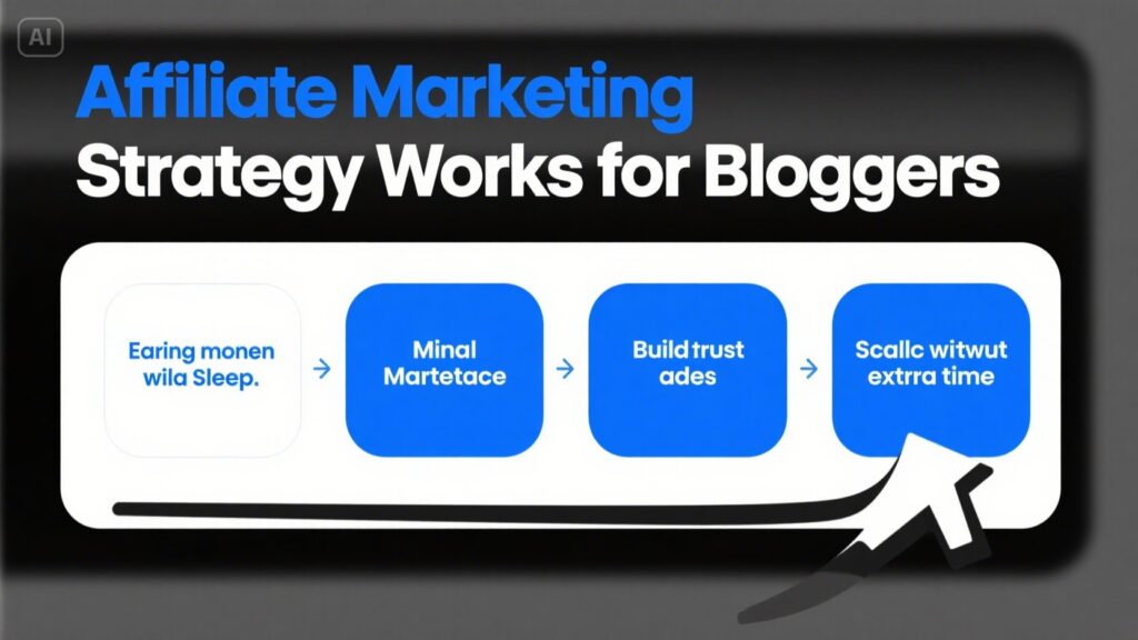 A graphic titled Proven Method: Affiliate Marketing Strategy for Bloggers shows four steps: Earn money while you sleep, Mine marketplace, Build trust ads, Scale without extra time. Some words are misspelled.