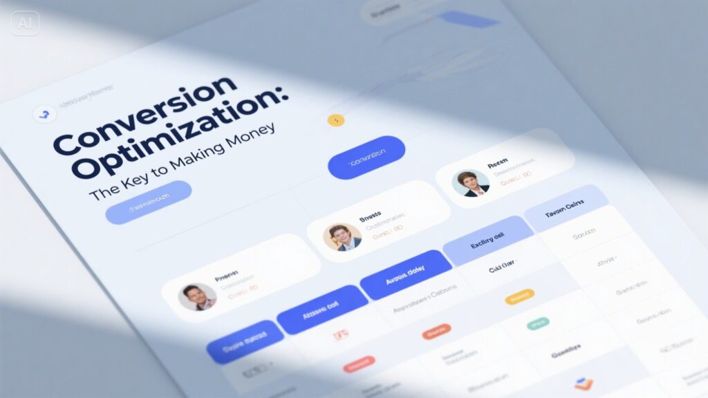 A website page titled “Conversion Optimization: The Key to Making Money” features a team section with three profile pictures, names, and roles. Below, a table of roles and statuses highlights their proven method for an effective affiliate marketing strategy in a clean layout.