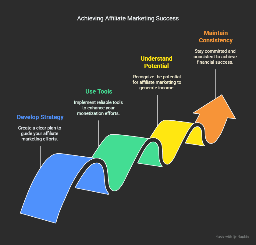 A wavy, four-step infographic titled Achieving Affiliate Marketing Success illustrates a proven method: Develop Strategy, Use Tools, Understand Potential, and Maintain Consistency—each stage features brief descriptions and colored arrows.