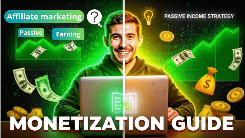 A smiling person sits at a laptop, surrounded by floating money, coins, and glowing green charts. Text reads “MONETIZATION GUIDE,” “Affiliate marketing,” “Passive Earning,” and “Affiliate Marketing Strategy.”.