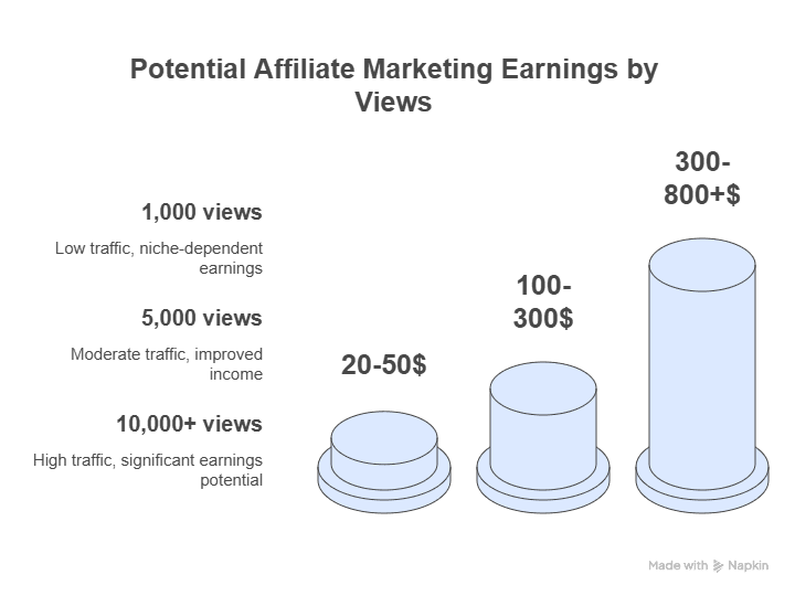 Infographic showing potential affiliate marketing earnings by views: 1,000 views earn $20–50, 5,000 views earn $100–300, and 10,000+ views earn $300–800+, demonstrating how this proven method boosts income as traffic grows.