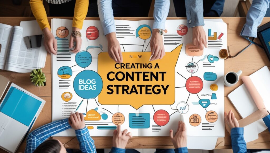 A group of people collaborate around a table with a large paper displaying flowcharts and icons, centered on the text “Creating a Content Strategy” and “Blog Content Ideas.” Hands point to various sections and notes.