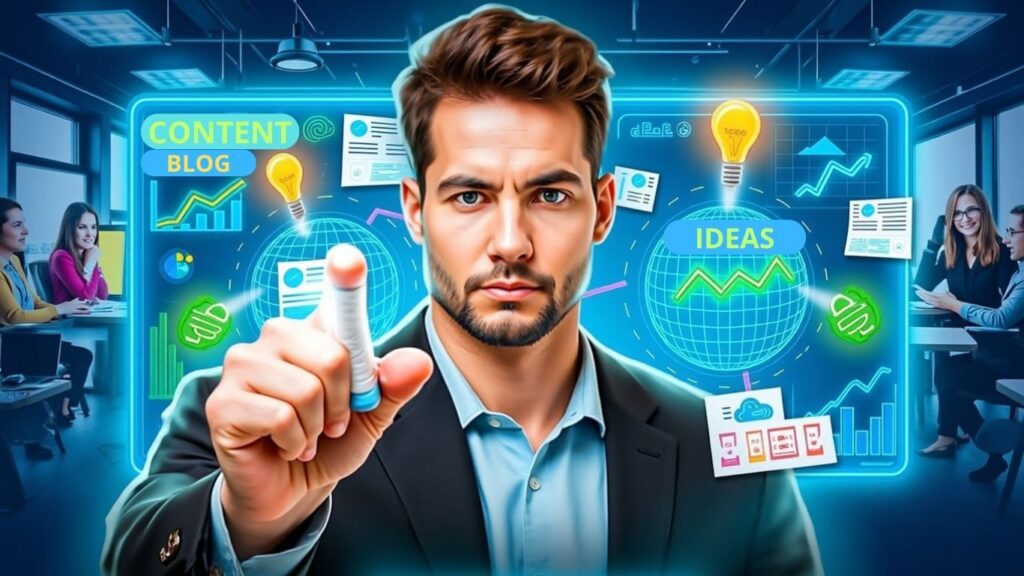 A man in a suit interacts with a virtual screen showing blog content ideas and graphs, while colleagues work at their desks in the background of a modern, digital office setting enhanced by futuristic overlays.