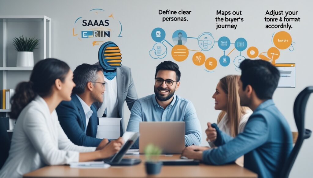 A group of coworkers in a modern office discuss SaaS marketing strategy and blog content ideas, shown by icons and phrases like “Define clear personas,” “Map out the buyer’s journey,” and “Adjust your tone & format accordingly” on the wall.