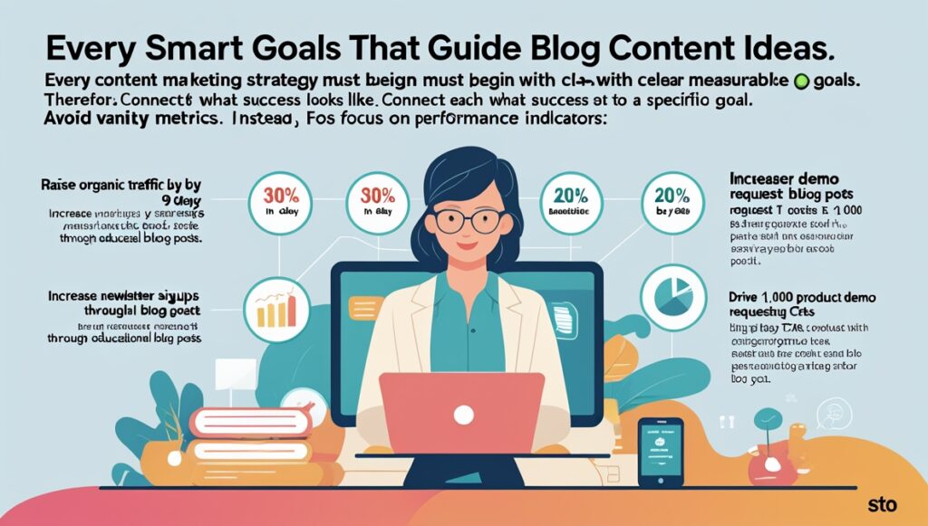 Illustration of a woman at a desk with a laptop, surrounded by icons and charts. Text highlights smart goals for blog content ideas, such as boosting traffic, engagement, leads, and demo requests with clear performance indicators.