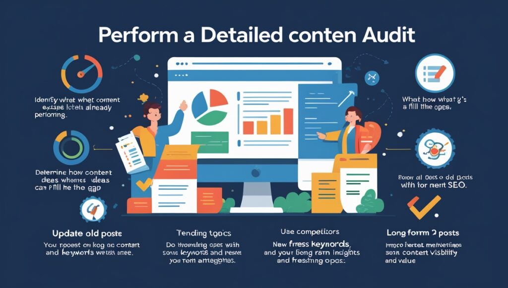 A colorful infographic titled “Perform a Detailed Content Audit” shows two people analyzing charts and documents on a large desktop screen, with tips for auditing website and blog content ideas displayed around them in illustrated bubbles.
